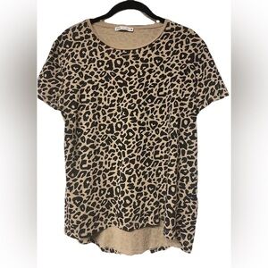 Zara Tan Black Cheetah Leopard Short Sleeve Scoop Neck Loose Top Size S